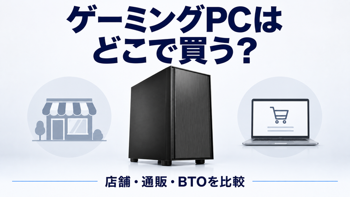 『ゲーミングPCはどこで買う?』の文字と、購入先を比較する人・H17ゲーミングPC
