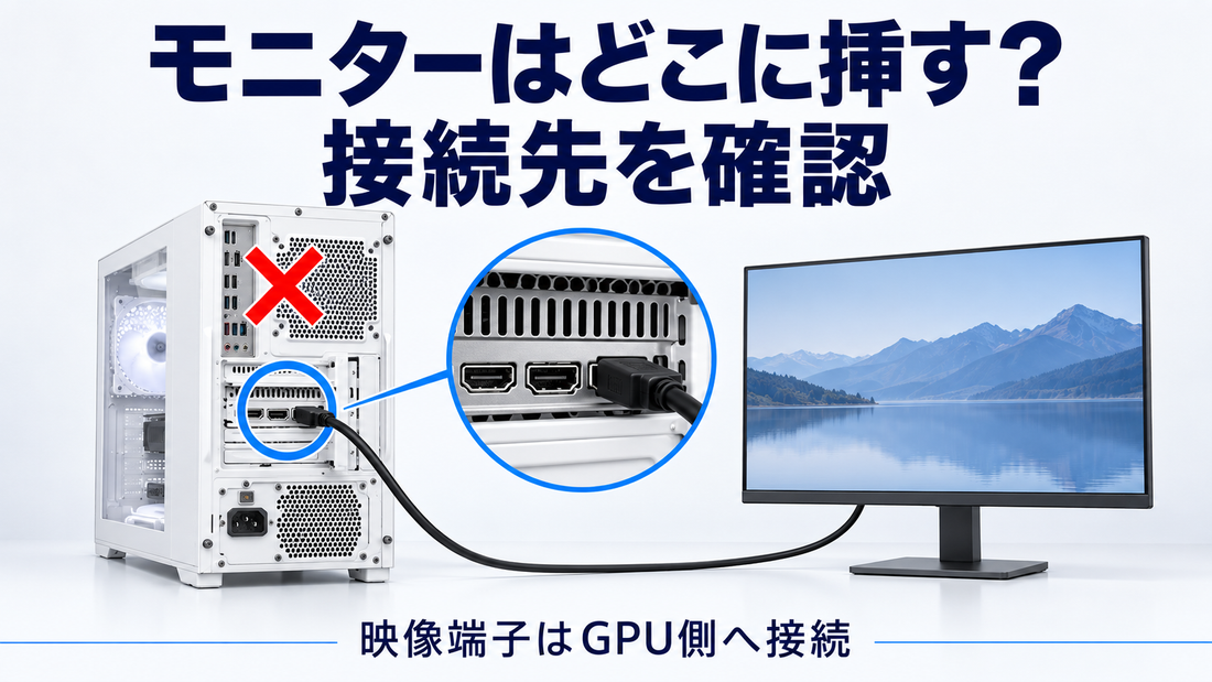 「モニターはどこに挿す？ 接続先を確認」の文字とGPU側端子へ接続する手元