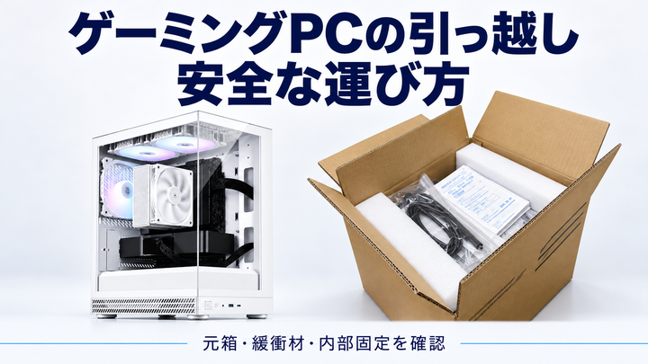 「ゲーミングPCの引っ越し 安全な運び方」の文字と元箱で梱包するPC