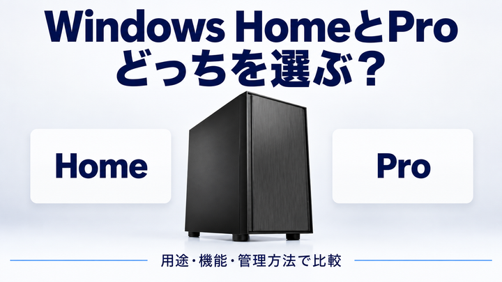 「Windows HomeとPro どっちを選ぶ？」の文字とゲーミングPC