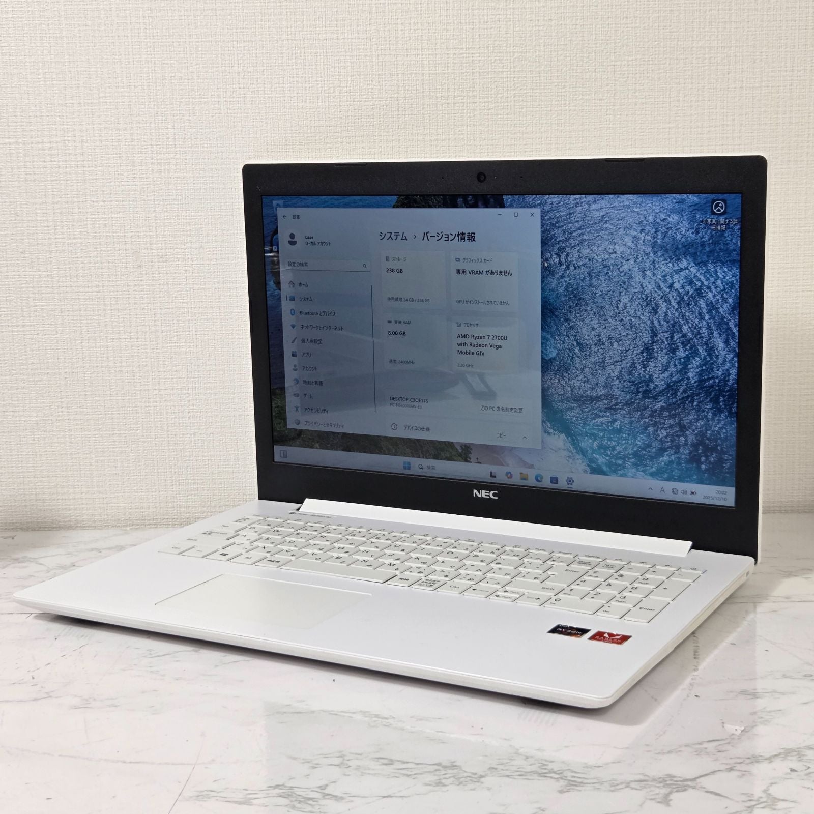 【良品】【1週間保証】NEC / AMD Ryzen7 2700U / 8GB / 256GB / 15.6インチ / Win11