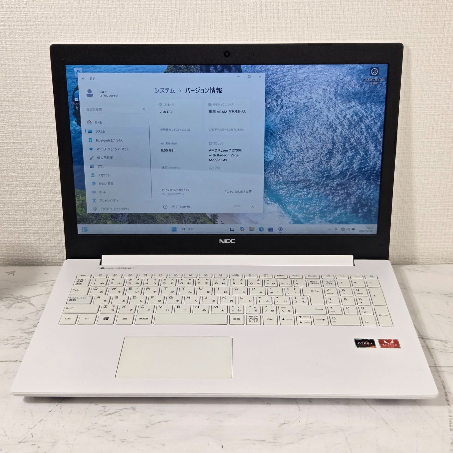 【良品】【1週間保証】NEC / AMD Ryzen7 2700U / 8GB / 256GB / 15.6インチ / Win11