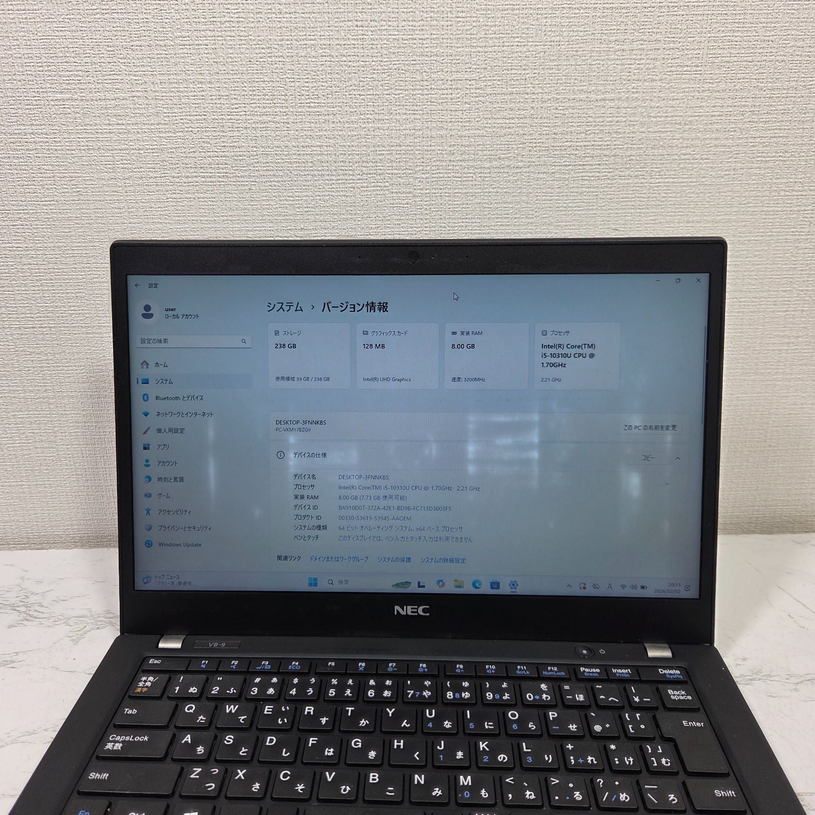 【良品】【1週間保証】NEC VersaPro / Core i5 10310U / 8GB / 256GB / Win11 000644