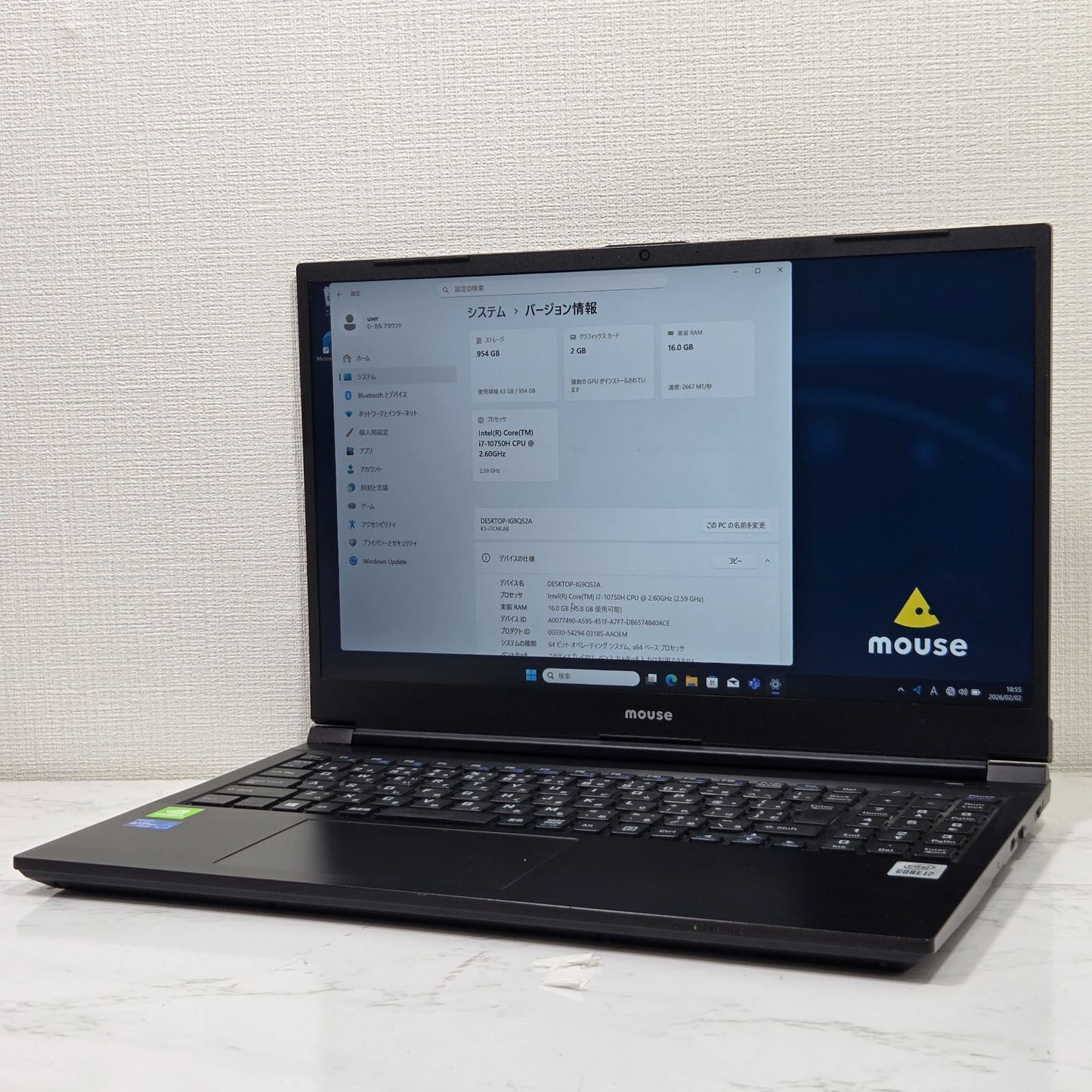 【美品】【1週間保証】mouse K5 / Core i7 10750H / 16GB / 1TB / MX350 / Win11 000553