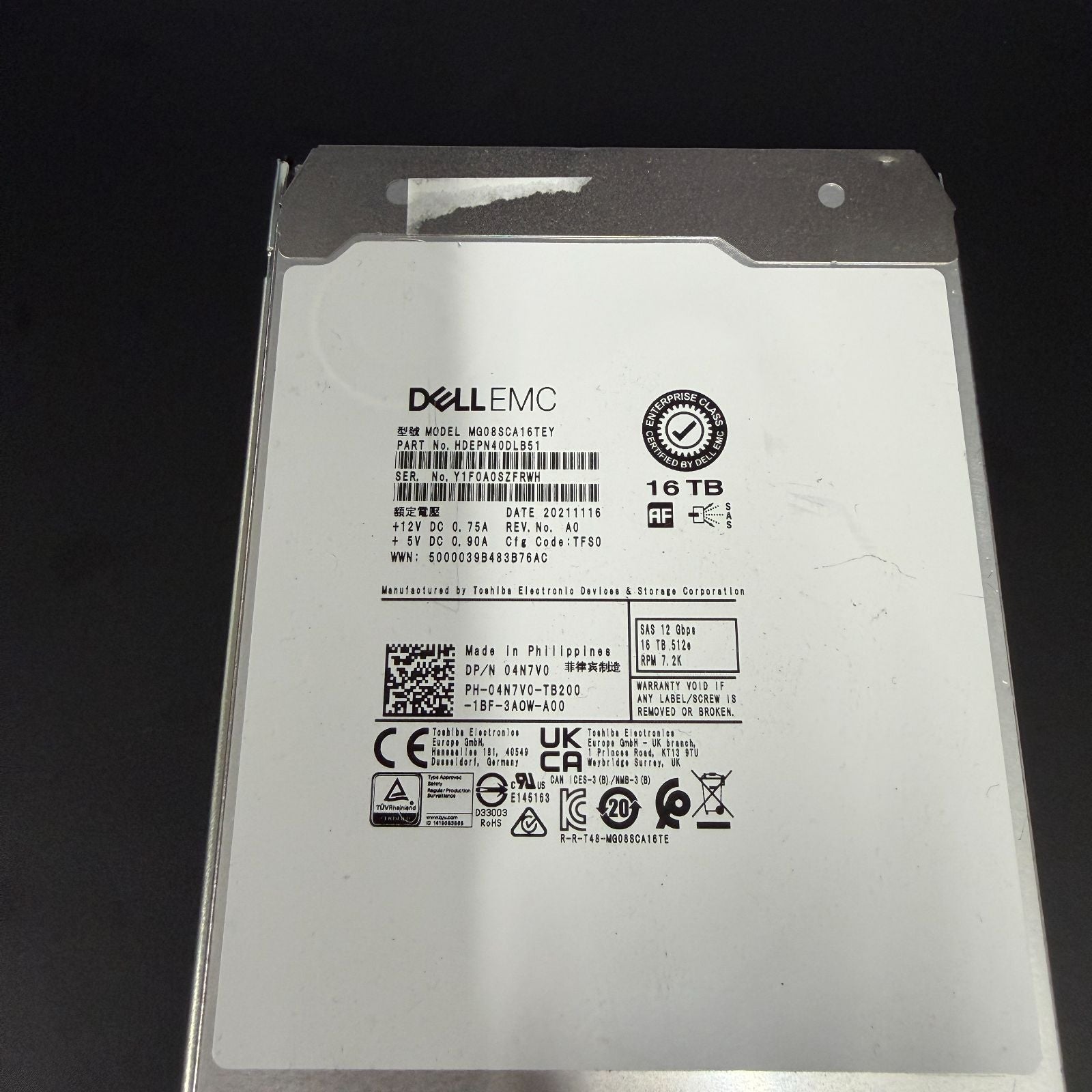 DELL OEM TOSHIBA MG08SCA16TEY 16TB SAS 12Gbps マウンタ付 6台セット