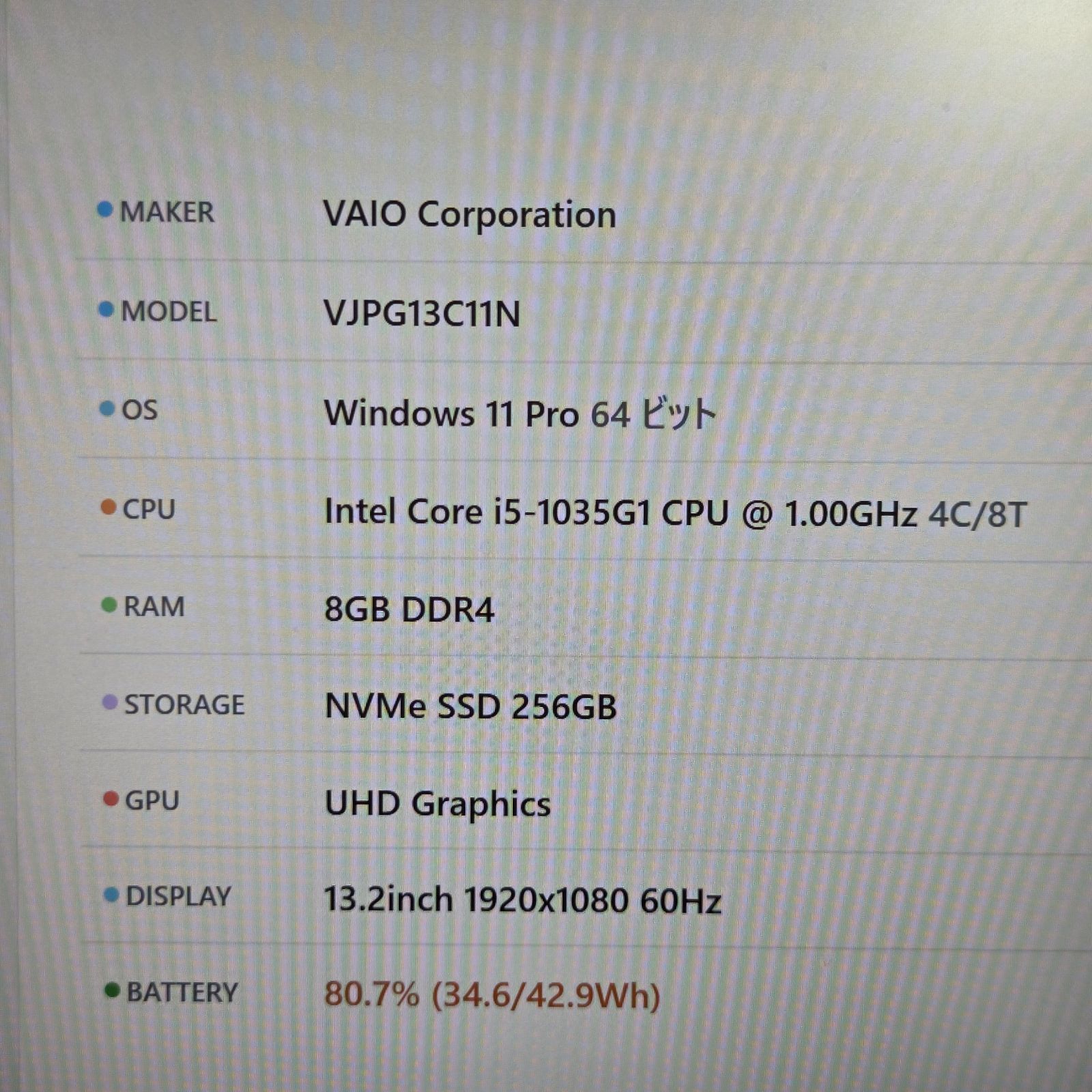 【良品】【1週間保証】VAIO Pro PG / Core i5 1035G1 / 8GB / 256GB 001013