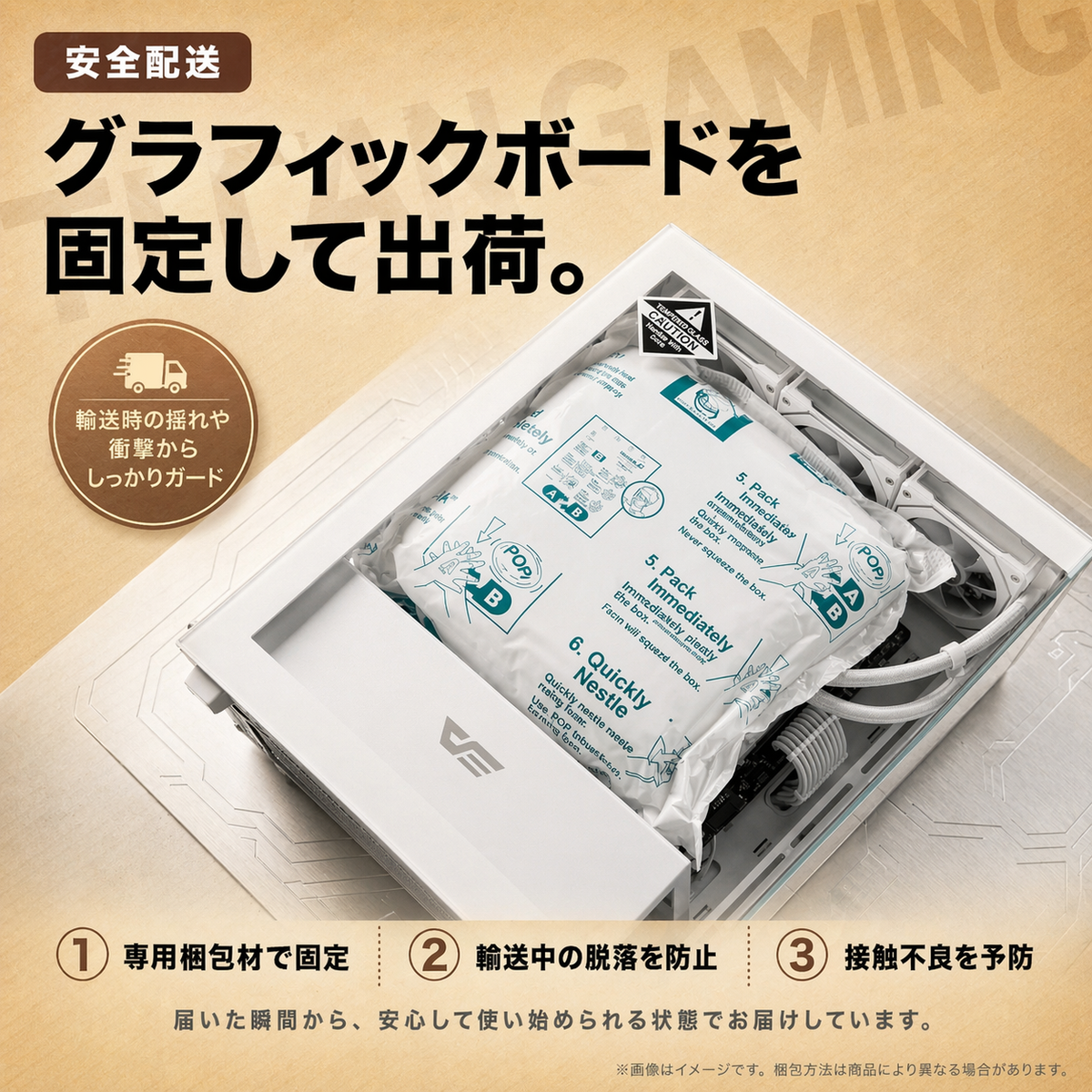 グラフィックボードを固定して輸送する安全梱包