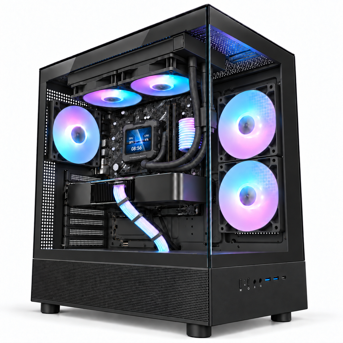 MONTECH XR ブラックに液晶水冷クーラーと光るRGBスリーブケーブルを組み込んだ HYDRO VISION