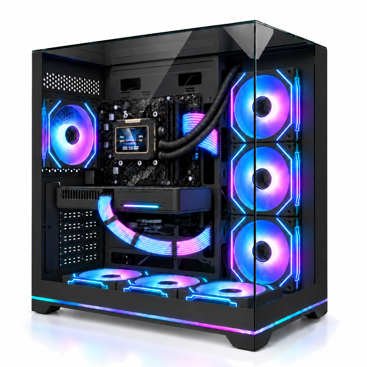 NeoPrism ブラックに液晶水冷クーラーと光るRGBスリーブケーブルを組み込んだ HYDRO VISION