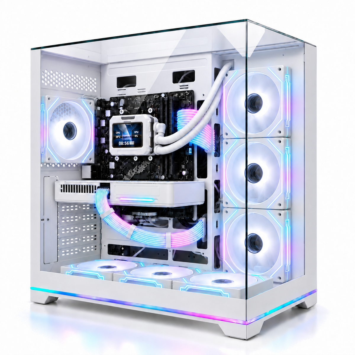 NeoPrism ホワイトに液晶水冷クーラーと光るRGBスリーブケーブルを組み込んだ HYDRO VISION