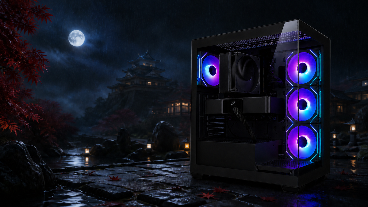 月夜の雨に濡れた日本城郭庭園で撮影した販売中のTITAN Gaming DS900 ブラック
