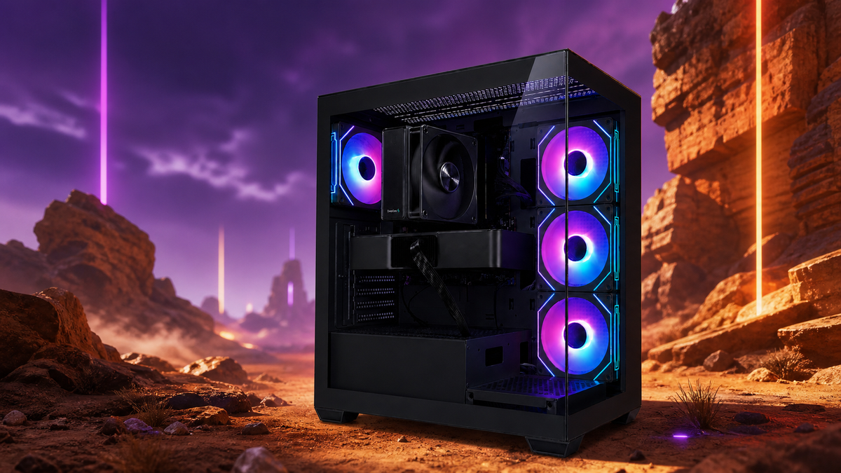 荒涼とした異星の風景を背景に撮影した販売中のTITAN Gaming DS900 ブラック