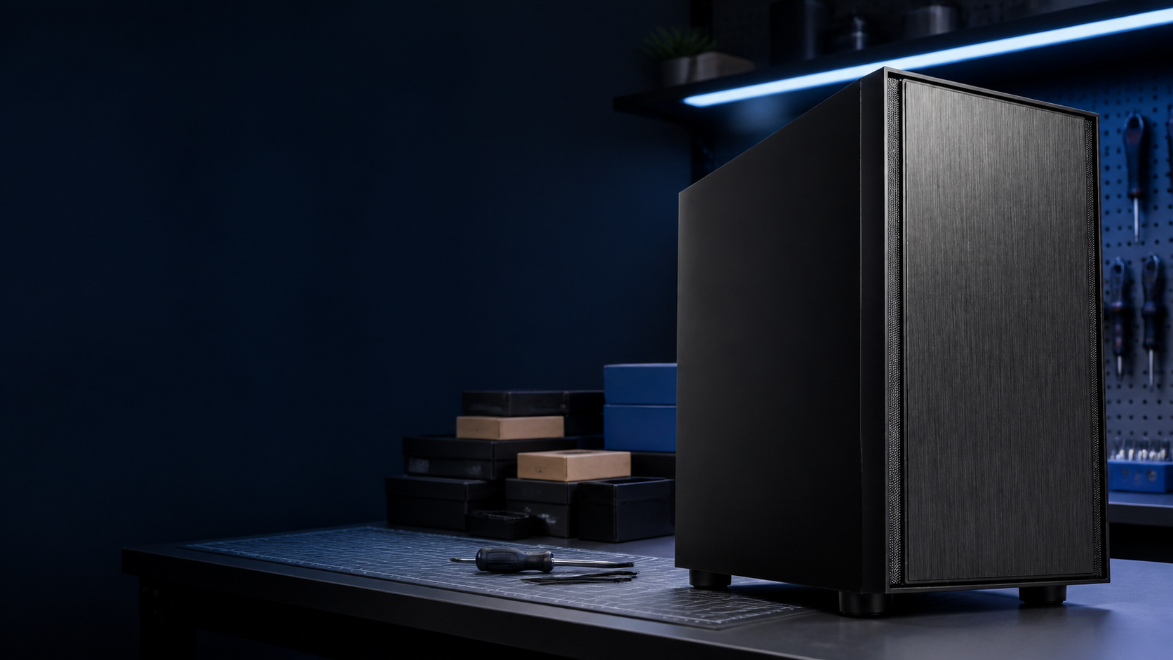 販売中のTITAN Gaming H17 ブラックと組立作業台のイメージ