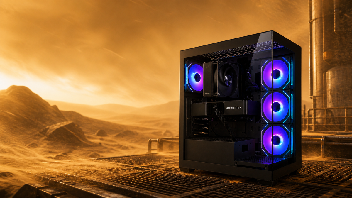砂嵐の砂漠研究拠点で撮影した販売中のTITAN Gaming DS900 ブラック