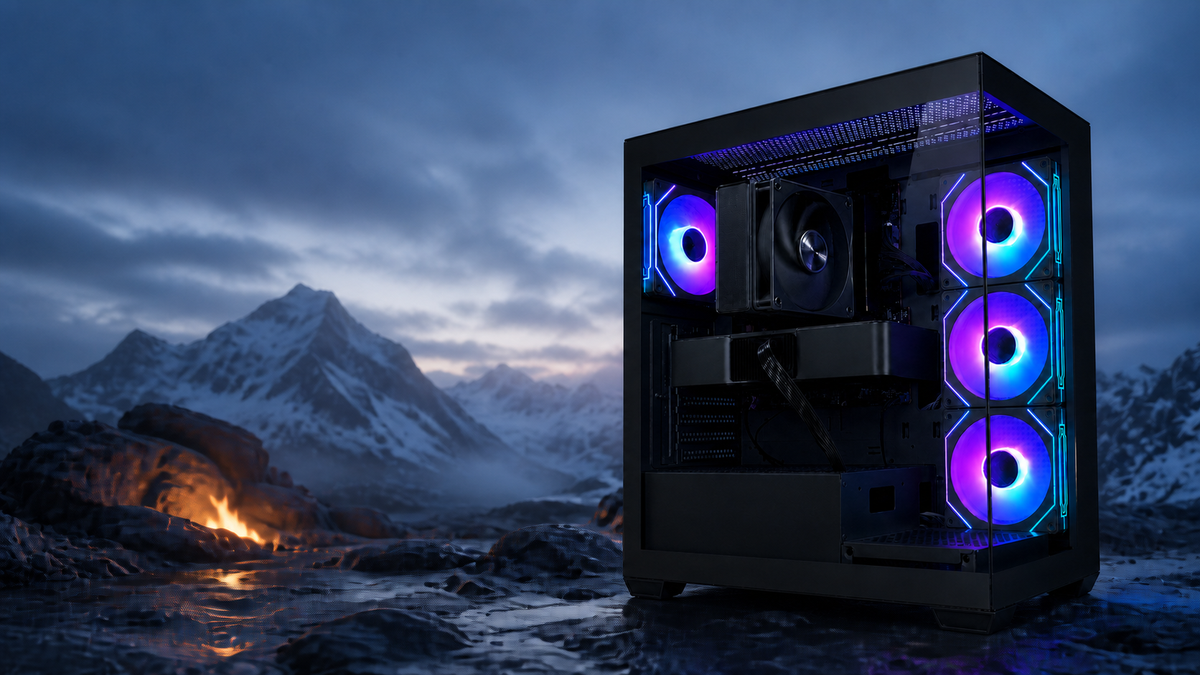 雪山と火を望む北欧風スタジオで撮影した販売中のTITAN Gaming DS900 ブラック
