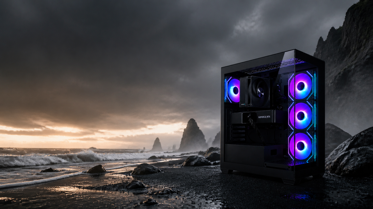 二つの岩山と夕焼けの荒野を背景に撮影した販売中のTITAN Gaming DS900 ブラック