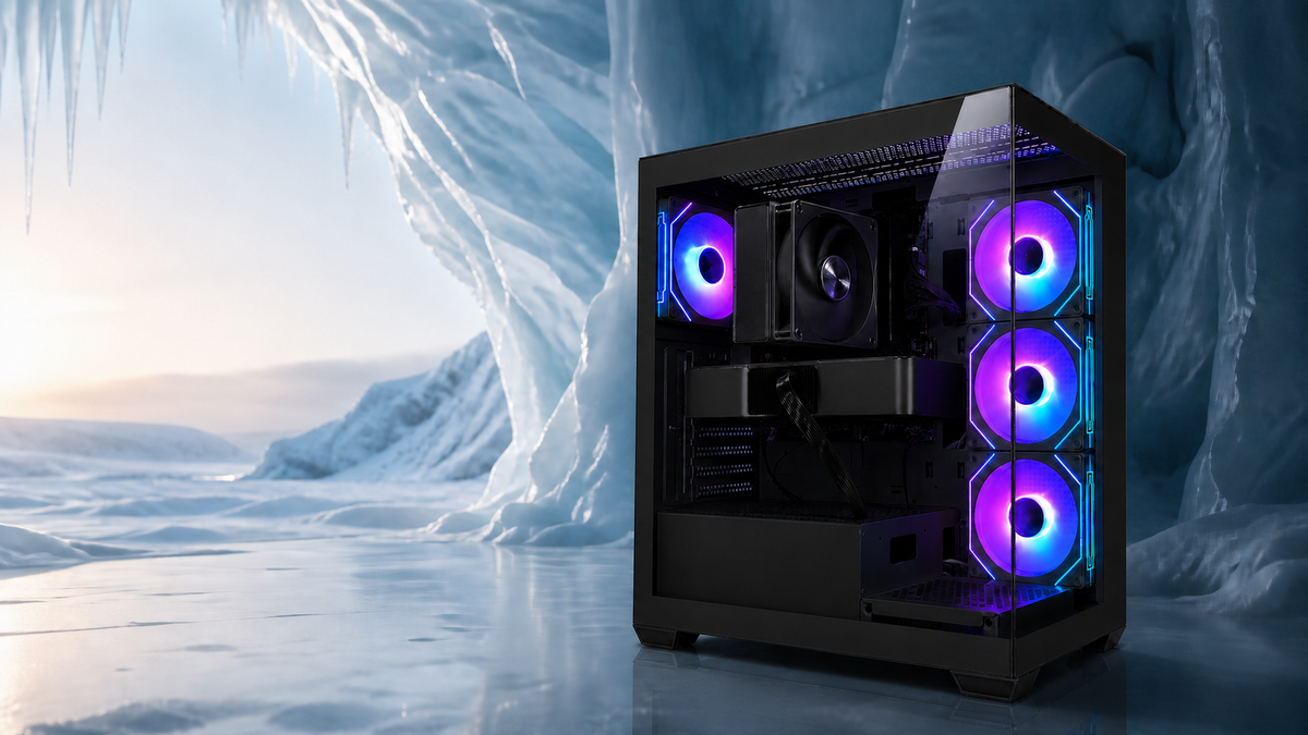氷雪の大地を思わせる撮影セットに置かれた販売中のTITAN Gaming DS900 ブラック