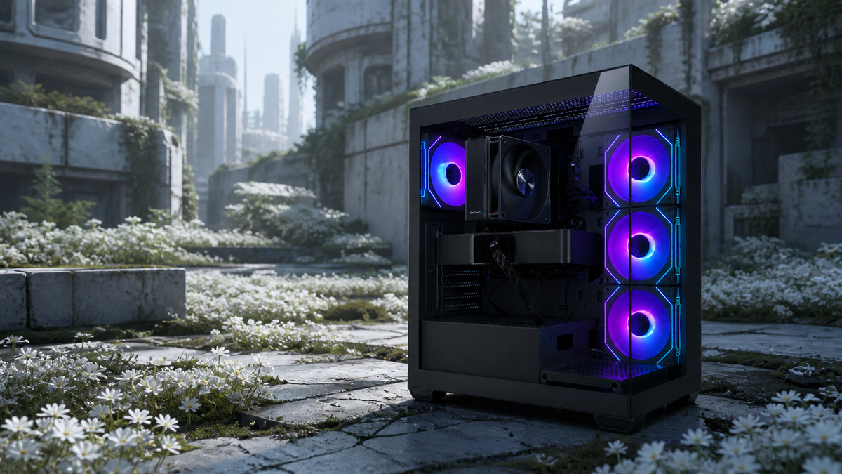 白い花が咲く未来遺跡を背景に撮影した販売中のTITAN Gaming DS900 ブラック