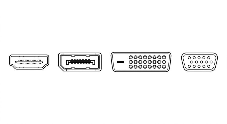 映像端子4種の形状。左からHDMI、DisplayPort、DVI、VGA