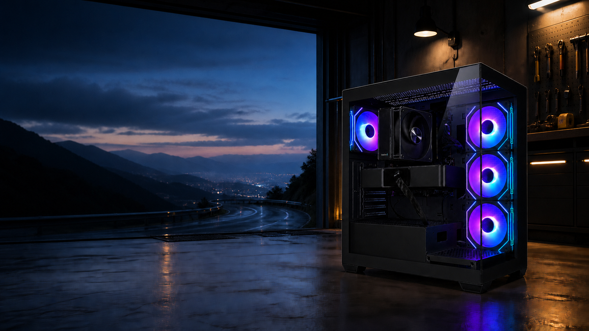 夜明けの山岳ガレージで撮影された販売中のTITAN Gaming DS900 ブラック