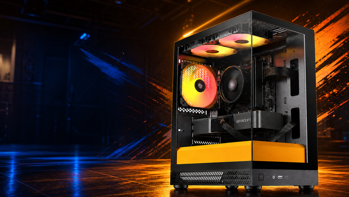 青とオレンジの対戦スタジオで撮影された販売中のTITAN Gaming AQUA UNO CANARY ブラックイエロー