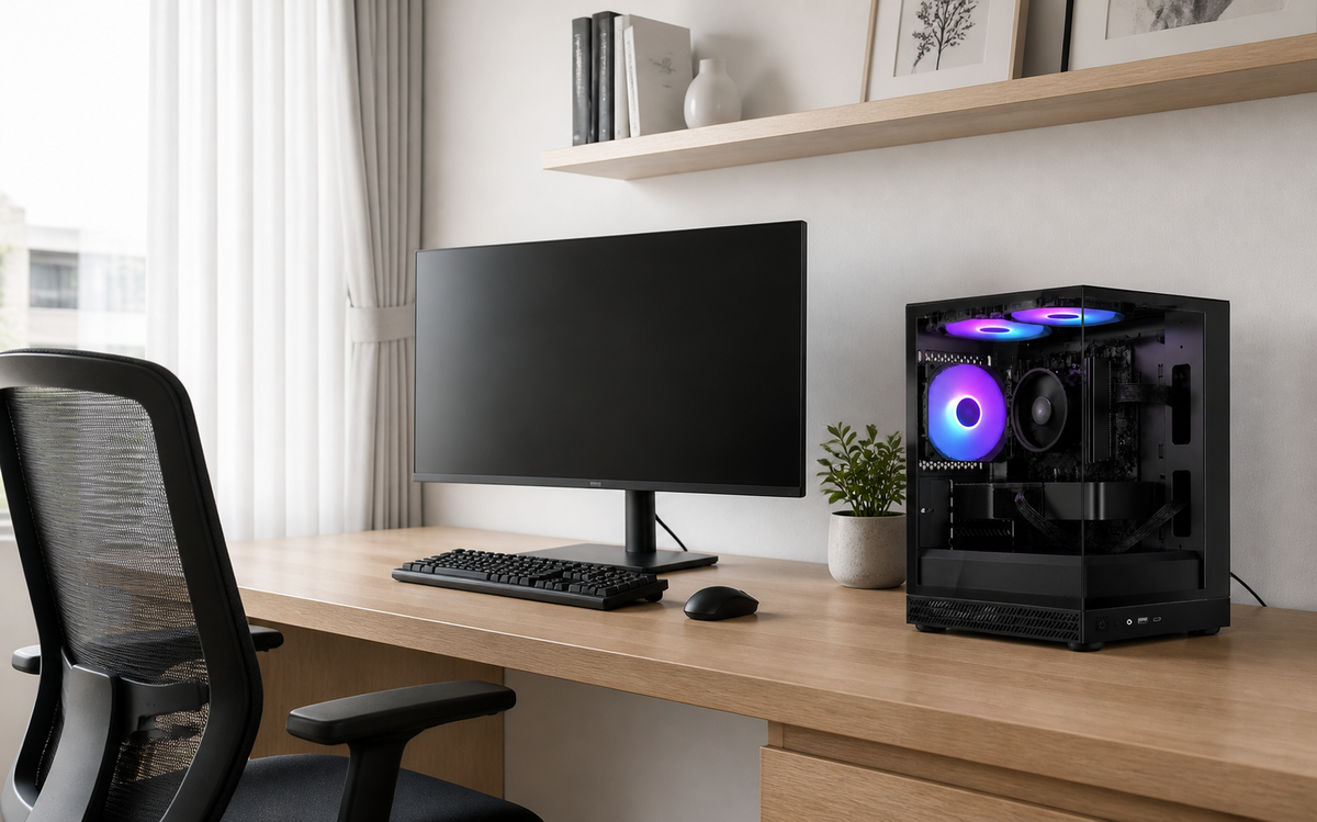 デスクに設置したAQUA UNO ブラックのゲーミングPC