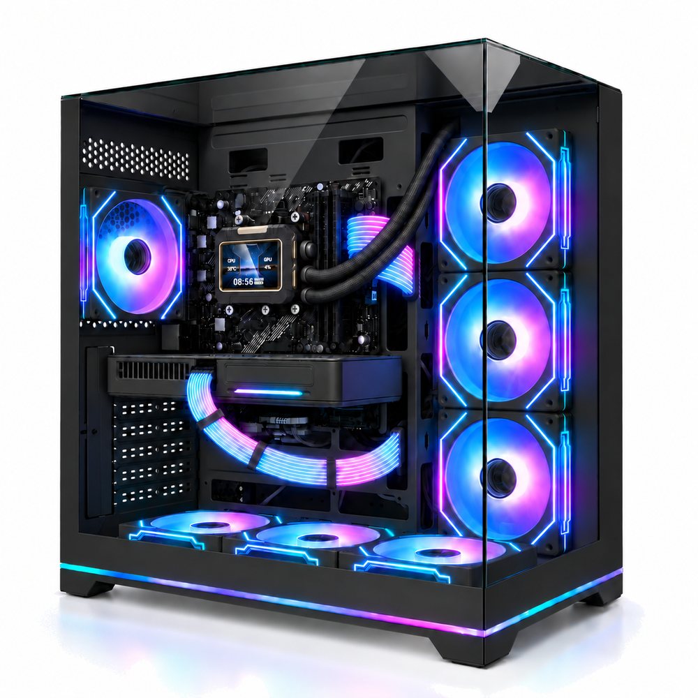 NeoPrism ブラックに液晶水冷クーラーと光るRGBスリーブケーブルを付けた例